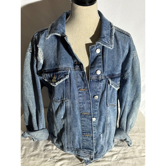 Celebrity Pink Distressed Denim Jacket Blue Jean Jacket Women's Size L - Picture 1 of 10